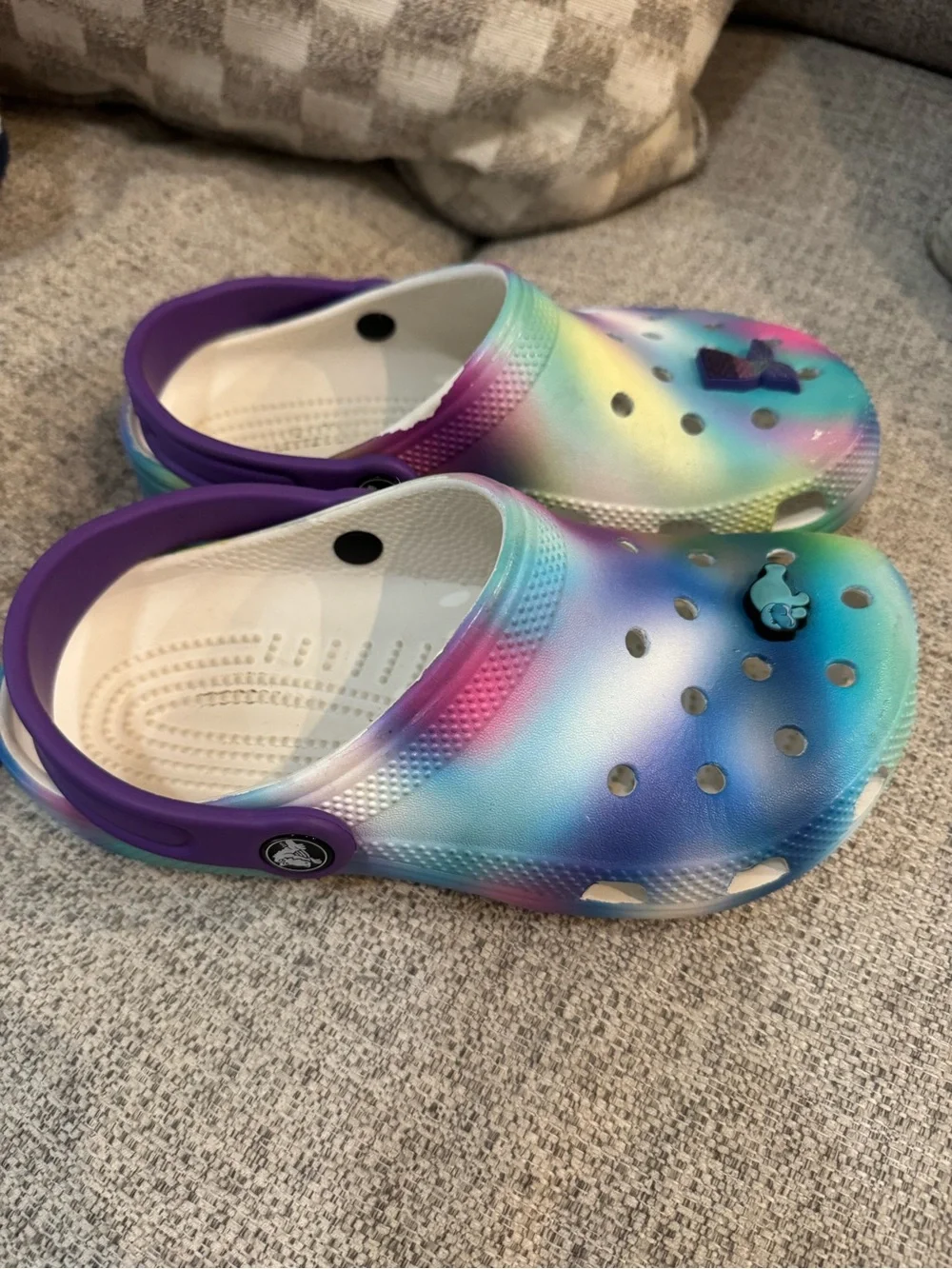 CROCS Kids Rainbow Tie-Dye Clogs with Purple Heel Strap